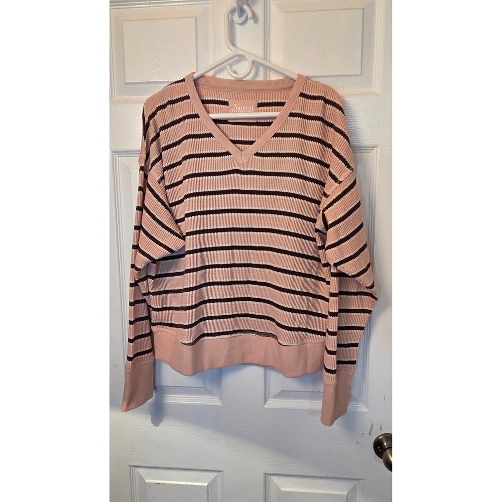 Natural Reflections Pink Brown Striped Waffle Knit V-Neck Thermal Top Small